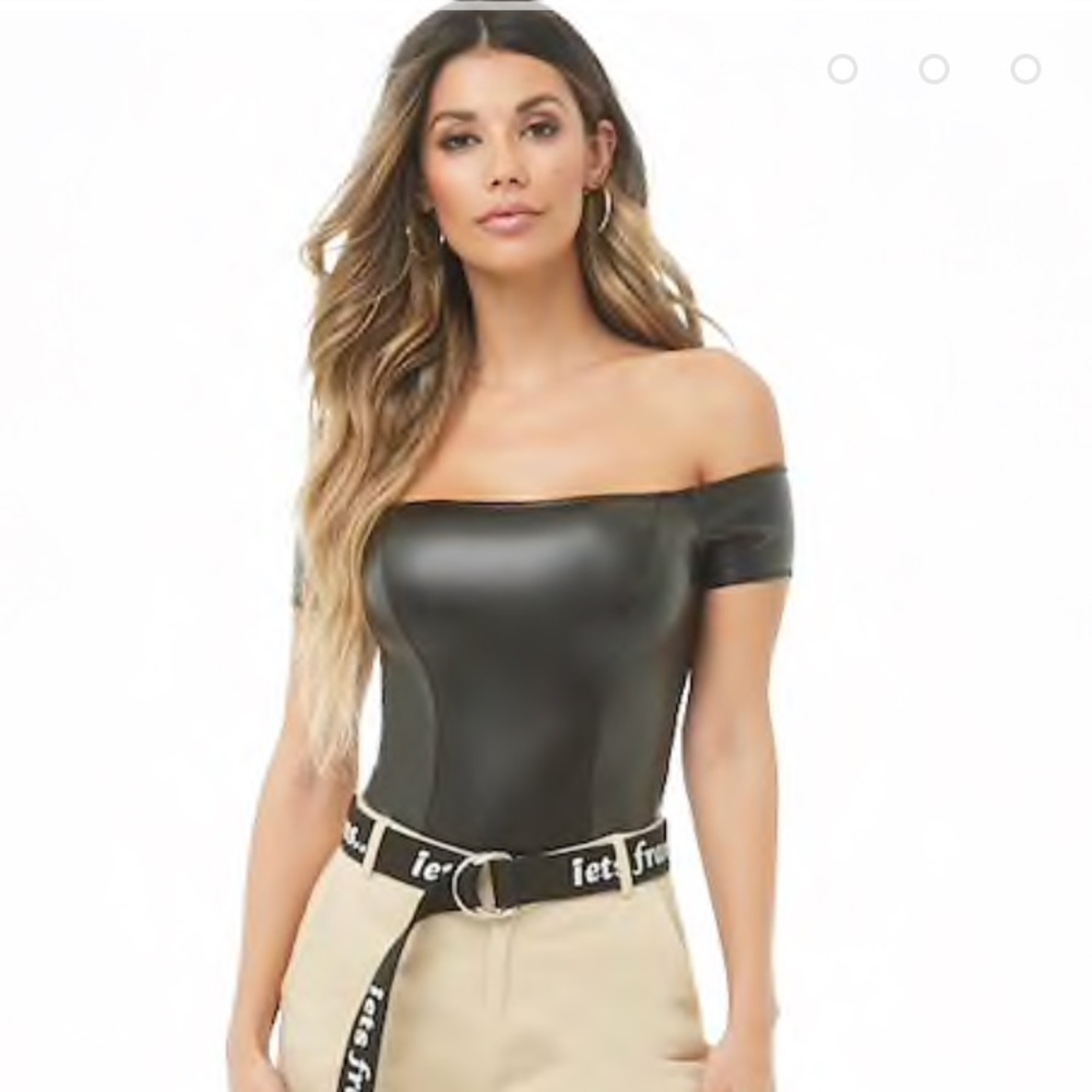 Black Faux Leather Off The Shoulder Bodysuit